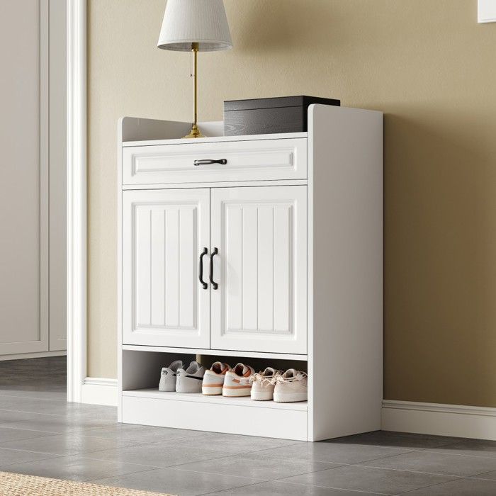 Jan Nowak Meuble Chaussure Entree En Métal Blanc | 96 X 90 X 17 Cm | 4 Abattants | Armoire Meuble à Chaussure Entrée Pratique Et Élégant, Rangement Optimal Pour Votre Hall