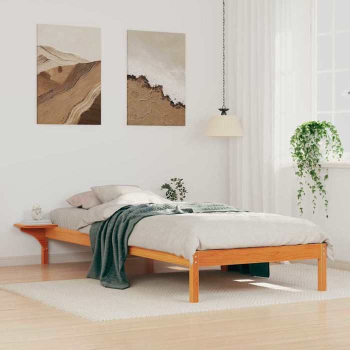 Structure de lit avec tables de chevet - UU - 100x210 cm - Brun cire - Pin massif - Tables de chevet intégrées