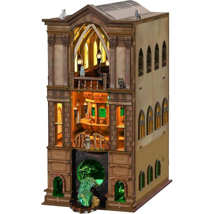 Magic Library Book Nook Kit maison miniature à faire soi-même avec lumières LED Puzzle 3D en bois Maison de poupée Bibliothèque Décoration Arts Artisanat Cadeau pour adultes et adolescents Cadeau de
