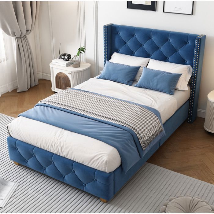 Lit enfant rembourré 90x200 cm avec sommier à lattes tête de lit capitonnée velours bleu