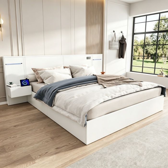 Lit double en bois 160 × 200 cm avec table de chevet ports USB horloge numérique haut-parleur Bluetooth et bande lumineuse LED