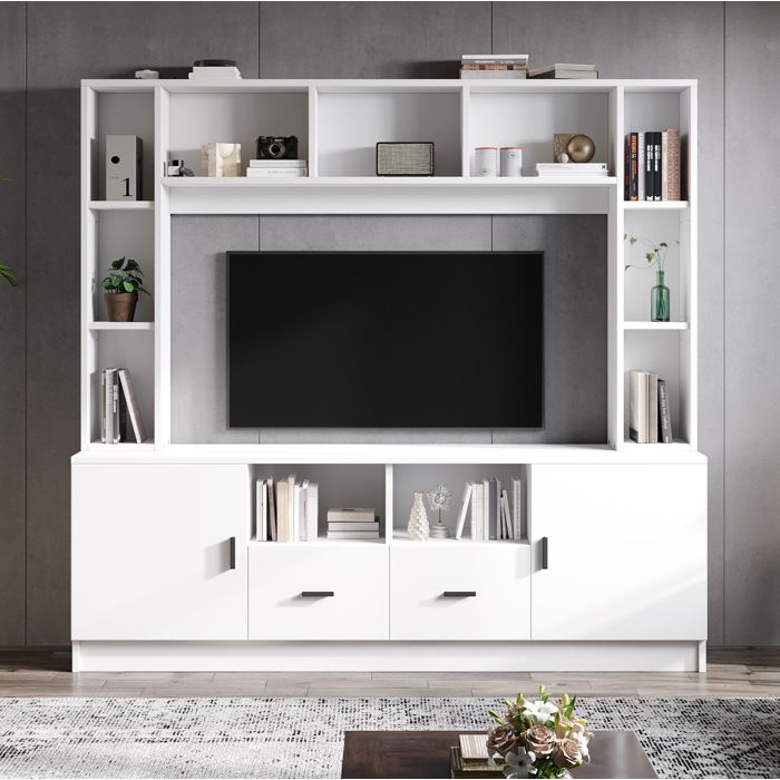 Ensemble meuble TV mural blanc avec vitrines tiroirs et niches de rangement
