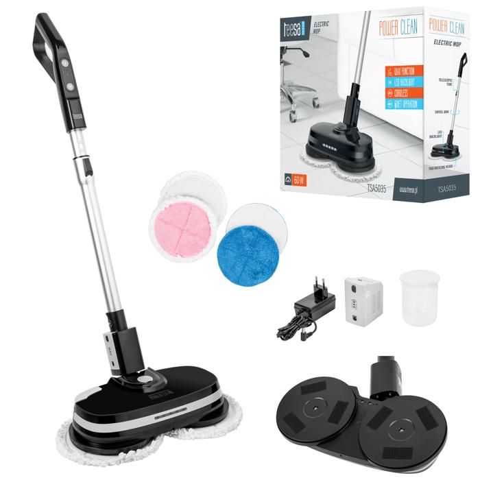 Mop Électrique Sans Fil Teesa POWER CLEAN Double Rotation 250 tr/min Réservoir avec Pulvérisateur Éclairage LED
