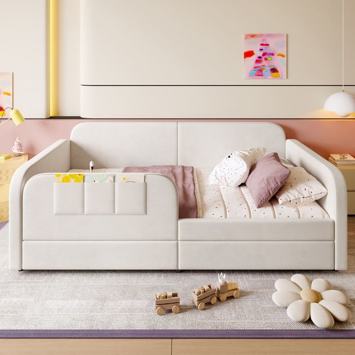 Lit enfant - KOMHTOM - Tapissier 90x200 - Velours blanc - 2 tiroirs & 3 poches - Cadre métal sommier à lattes