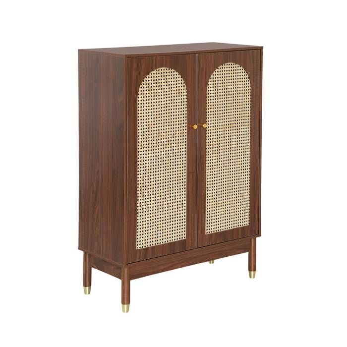 Meuble à chaussures. petit buffet décor bois noyer et cannage 2 portes