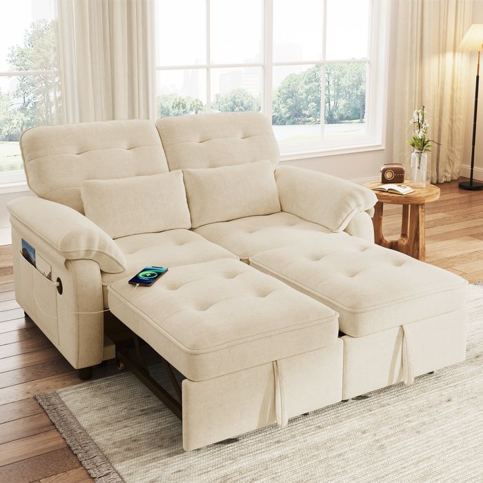 Canapé-lit - MINIMAL - 3-en-1 - 2 places - Chenille beige - Accoudoirs USB/Type-C Canapé-lit - MINIMAL - 3-en-1 - 2 places - Chenille beige - Accoudoirs USB/Type-C