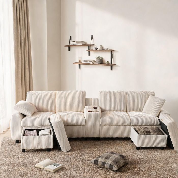 Canapé fixe en forme de U linen beige en velours côtelé avec rangement et fonction recharge