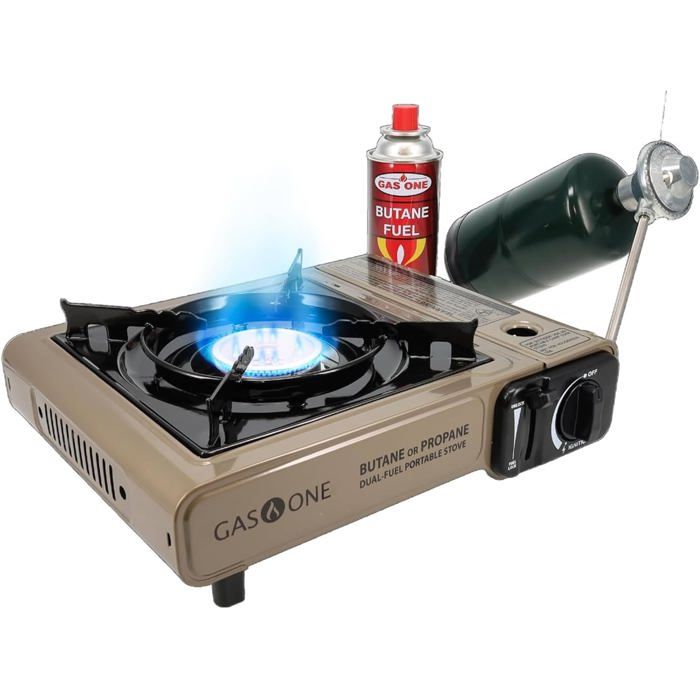 Gas ONE GS-3400P Réchaud à gaz propane ou butane portable à double combustible pour camping et randonnée avec étui de transport i