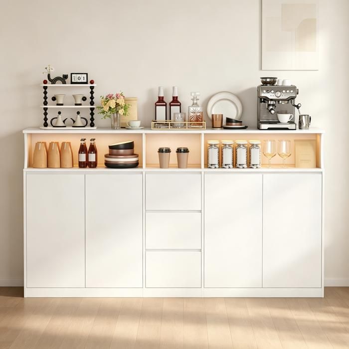 Buffet cuisine 180×40×80 cm meuble de cuisine bas 3 tiroirs 4 portes avec éclairage LED et prises plan de travail inclus