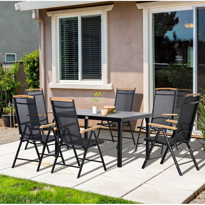Salon de jardin 6 personnes avec table rectangulaire 140 x 90 cm et 6 chaises pliantes réglables aluminium noir