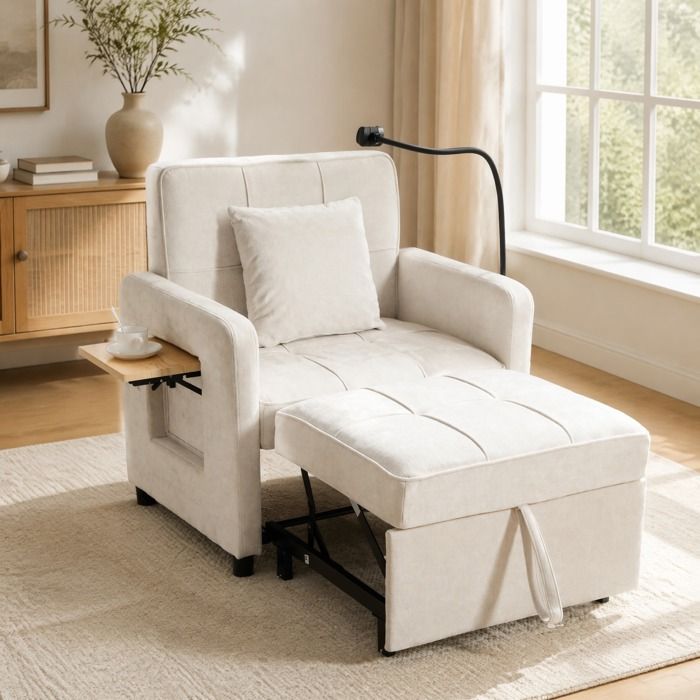 Fauteuil convertible 2 en 1 – Chenille beige – Dossier inclinable 5 positions – Tablette latérale – Coussin inclus