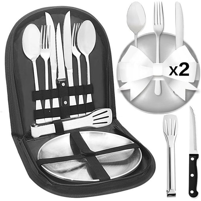 Set de Couverts de Camping 2 Personnes kit Vaisselle Camping INOX Set de Camping INOX Eté Vaisselle Camping Ensemble-Noir(10pcs)