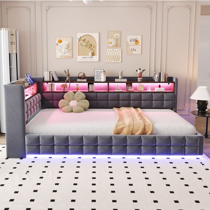 Lit Banquette Lit Simple Coffre Étagères USB Type-C et LED Réglable 90 × 200 cm sans Matelas Gris