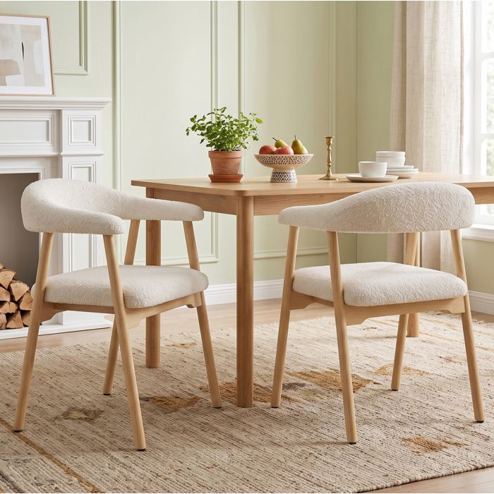 MEUBLIV Lot de 4 chaises de salle a manger en bois massif bouclette beige avec accoudoirs style scandinave