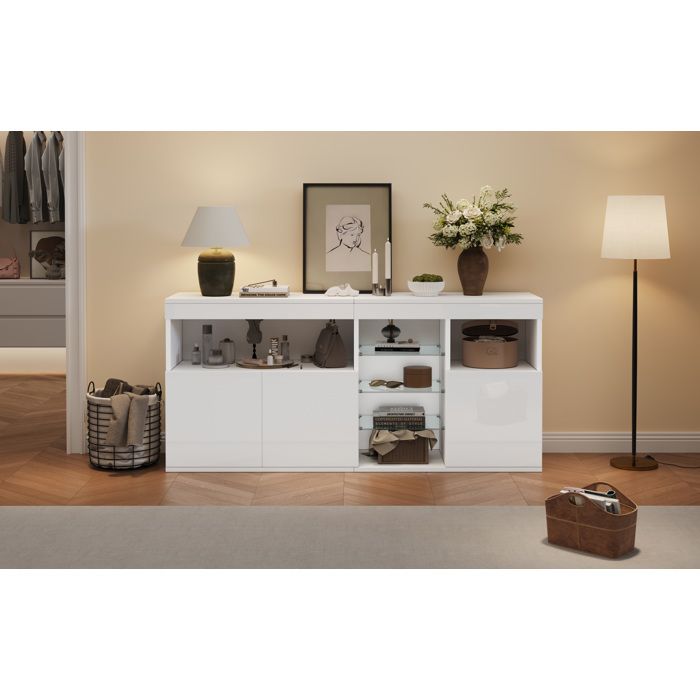 Buffet bas blanc 155 5 x 35 x 72 cm avec LED 3 portes étagères en verre panneaux de particules