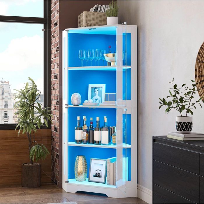 Colonne de cuisine vitree EVRYAE 40 x 40 x 165 cm avec LED RGB 4 portes rangement pour cuisine et salle a manger blanc
