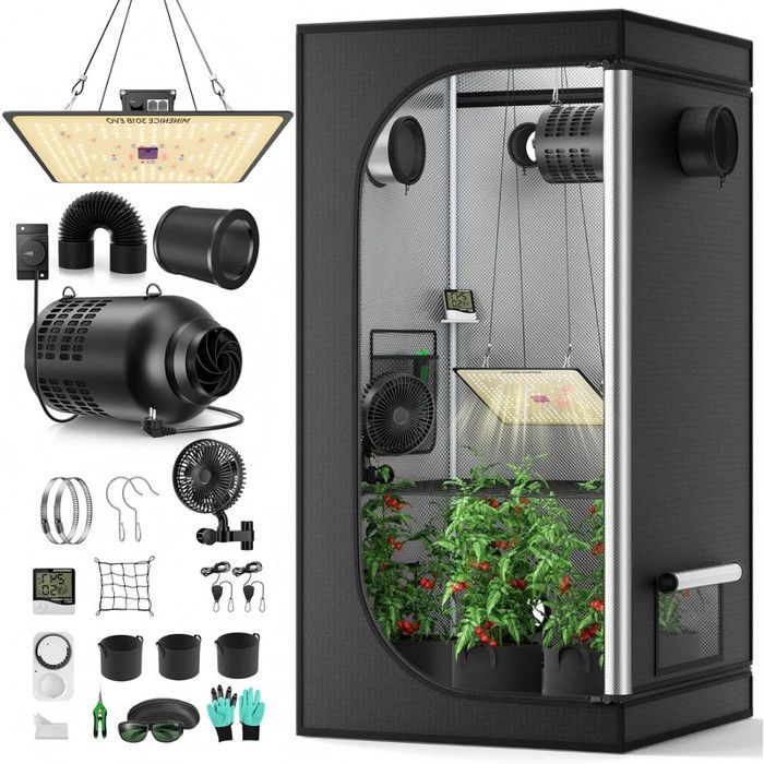 Kit complet de culture en tente 60×60×140cm lampe LED M1000 spectre complet Ventilation 4 pouces 215 CFM 4 vitesses