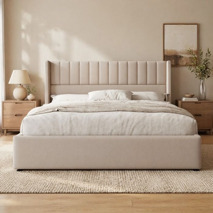 VEVXYN lit double sommier coffre hydraulique 160 x 200 cm rangement tissu aspect lin beige lattes bois cadre métal
