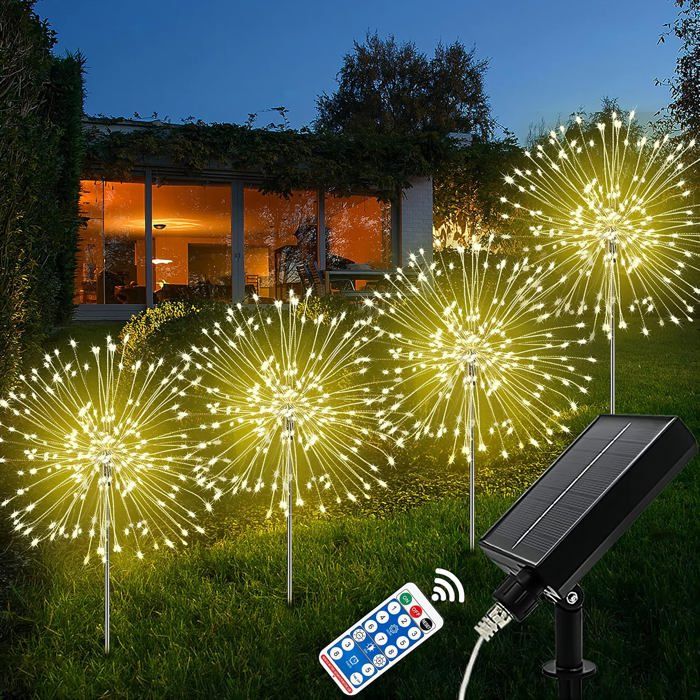 Lumière solaire extérieure feu dartifice - lot de 4 - 120 LED fil de cuivre IP65 - 8 modes - blanc chaud