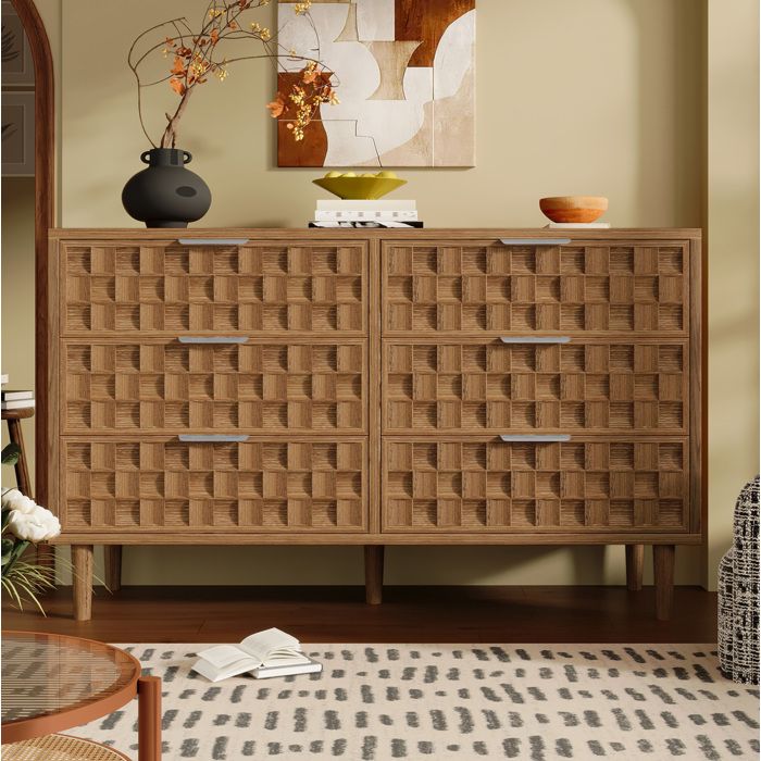 Buffet et enfilade 6 Tiroirs avec Poignées en Métal - BEAUNIV - Vintage pour Salon MDF Chêne 120×37×77 cm