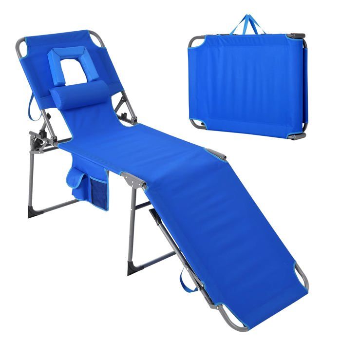 Chaise longue de bronzage pliante avec ouverture visage dossier 5 positions oreiller et poche pour plage ou piscine bleue
