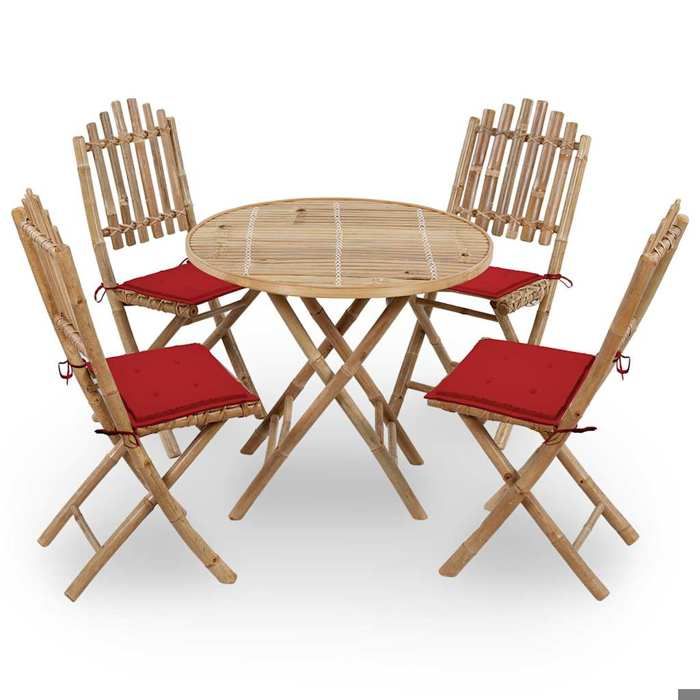 Rouge Mobilier à dîner dextérieur pliable 5 pcs avec coussins bambou - Meuble de balcon LV50203