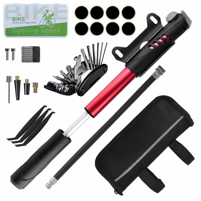 Kit Doutils pour Vélo Outil de Réparation Sacoches avec Mini Pompe 120 PSI Outils Multifonction Pièce Crowbar pour Plein Camping