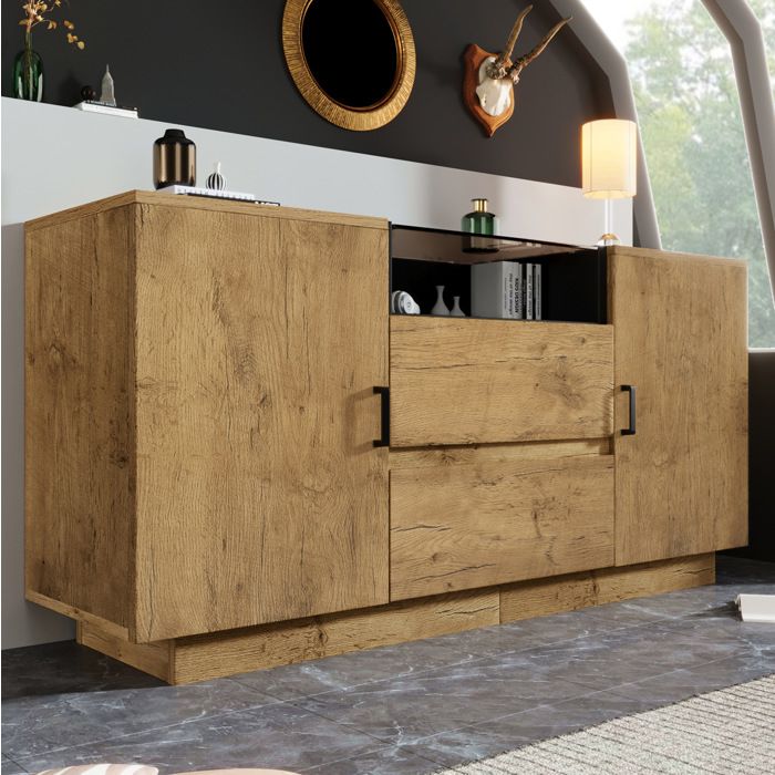 Buffet bas 140 cm chêne clair avec 2 tiroirs 2 portes et compartiment ouvert verre ESG