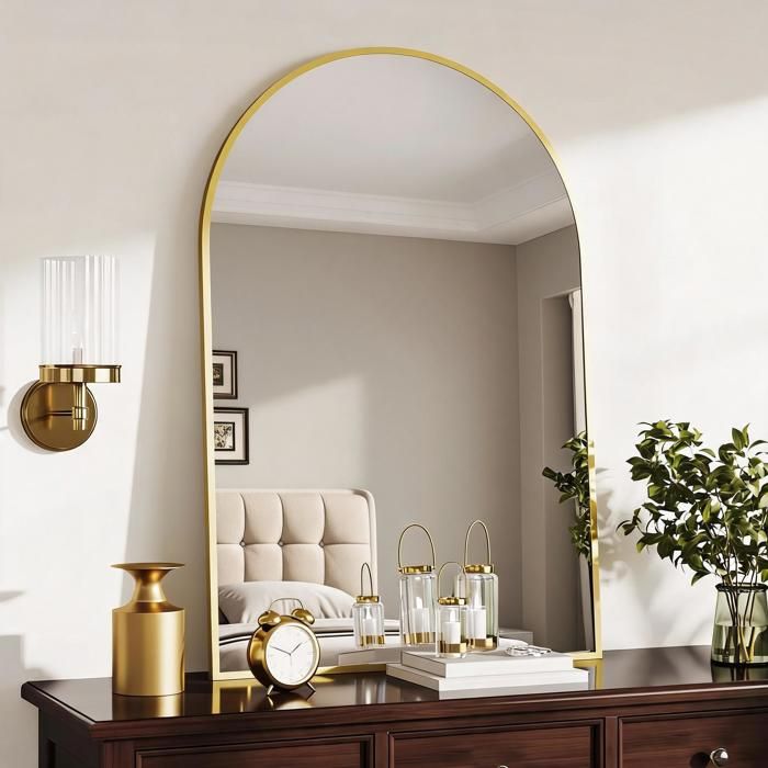 Koioplie Miroir mural arqué moderne 24*36 cadre métal antirouille verre trempé sécurisé installation verticale ou à poser - Or