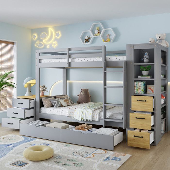 Lit superposé gris 90x200cm avec 2 boîtes Etagère de rangement latérale Tiroirs Echelle et commode de chevet à placer librement