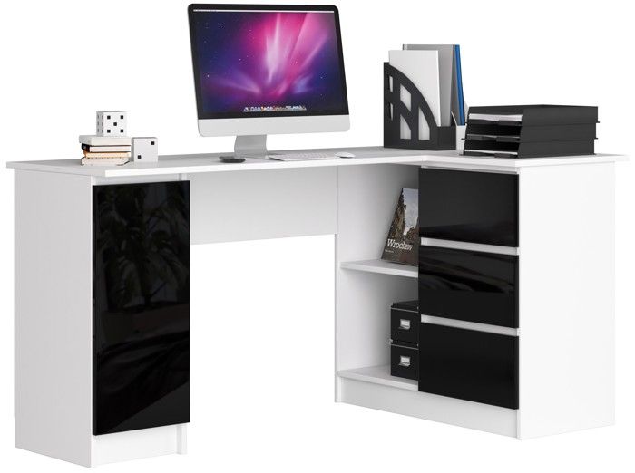 Grand bureau dangle AKORD droit B20 Blanc 155 cm 1 porte 3 tiroirs façade Noir Brillant 4 étagères 155x85x77 cm Grand bureau dangle AKORD droit B20 Blanc 155 cm 1 porte 3 tiroirs façade Noir Brillant 4 étagères 155x85x77 cm