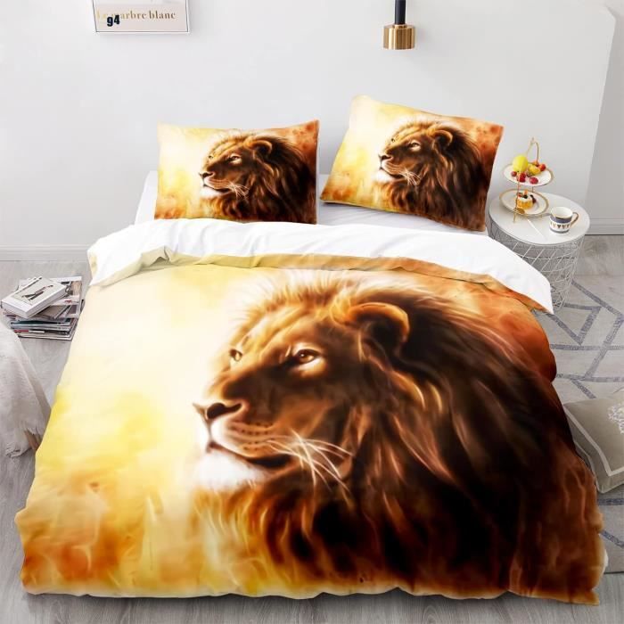Parure De Lit 1 Personne LION - Housse De Couette 160x200 + Taie 70x80 - Coton Blanc - Neuf