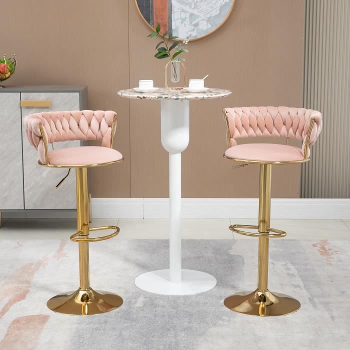 lot de 2 tabourets hauts de bar pivotants et réglables, chaises réglables avec repose-pieds, rose et or