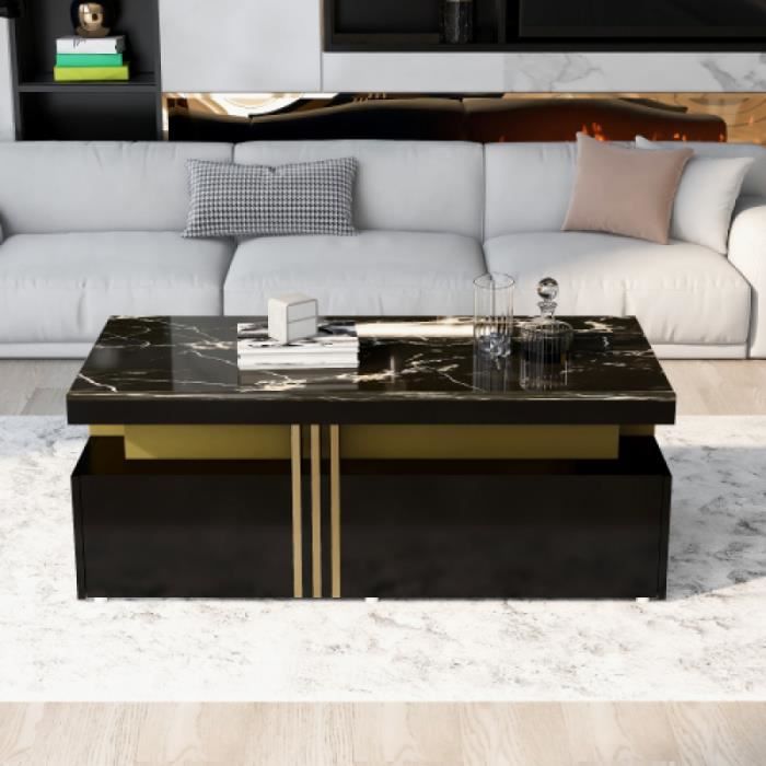 table basse salon moderne,table basse rectangulaire noire avec plateau en pvc et 2 tiroirs en bois, table de salon,100x50x40cm