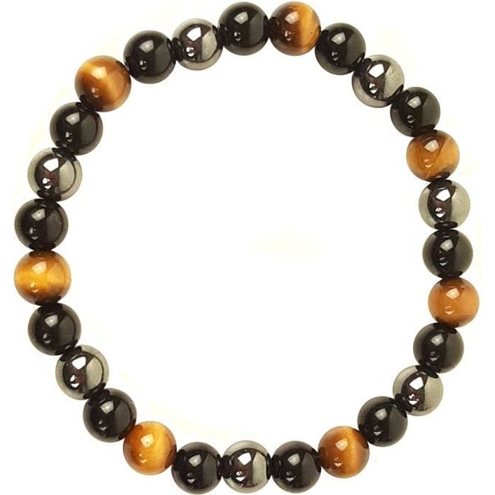 Bracelet Pierre Naturelle Triple Protection Perle Pierre Naturelle Oeil de Tigre Hematite Obsidienne Noire ou Tourmaline Noire 10