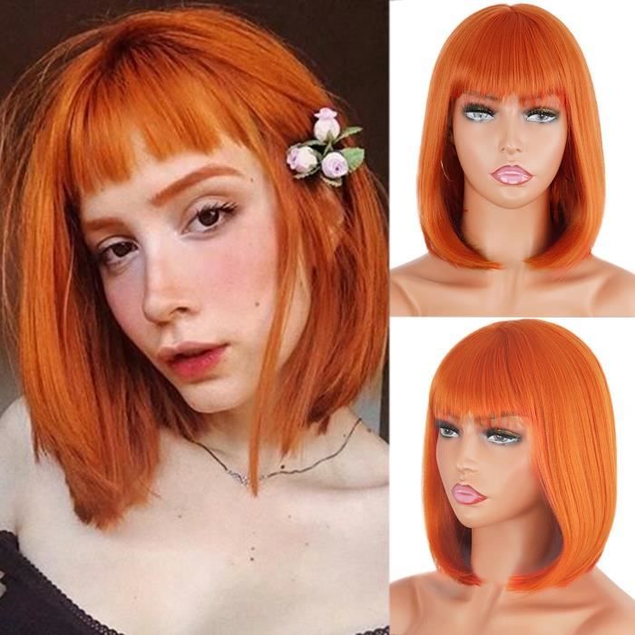 35003 2735 Perruque Bob synth tique courte Orange avec frange pour fille perruque Orange rouge vin noir pour f te quotidienne lo