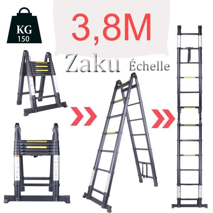 Zaku 3,8M Échelle Télescopique Pliante Noir Échelle Escamotable En Aluminium 2 en 1,Charge 150 kg,16 Echelons(1.9M + 1.9M)