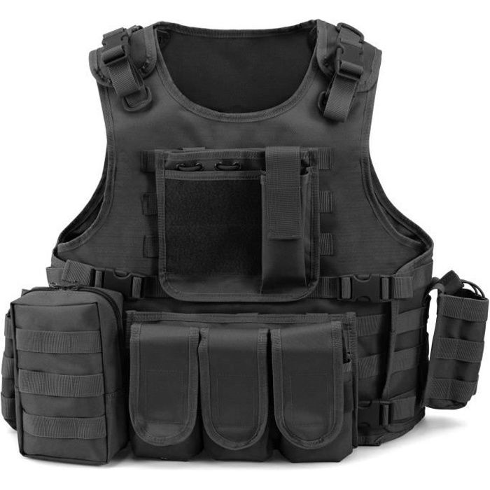 Gilet Tactique Militaire Gilet de Combat Veste Extérieure pour Airsoft Jeu  CS Militaire Cosplay Noir (Noir, Modèle B)