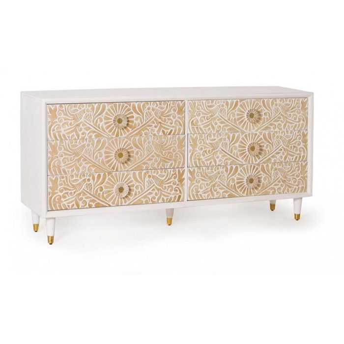 Commode - Giner y Colomer - Bois de Manguier - Blanc - Détails Dorés - 6 Tiroirs Commode - Giner y Colomer - Bois de Manguier - Blanc - Détails Dorés - 6 Tiroirs