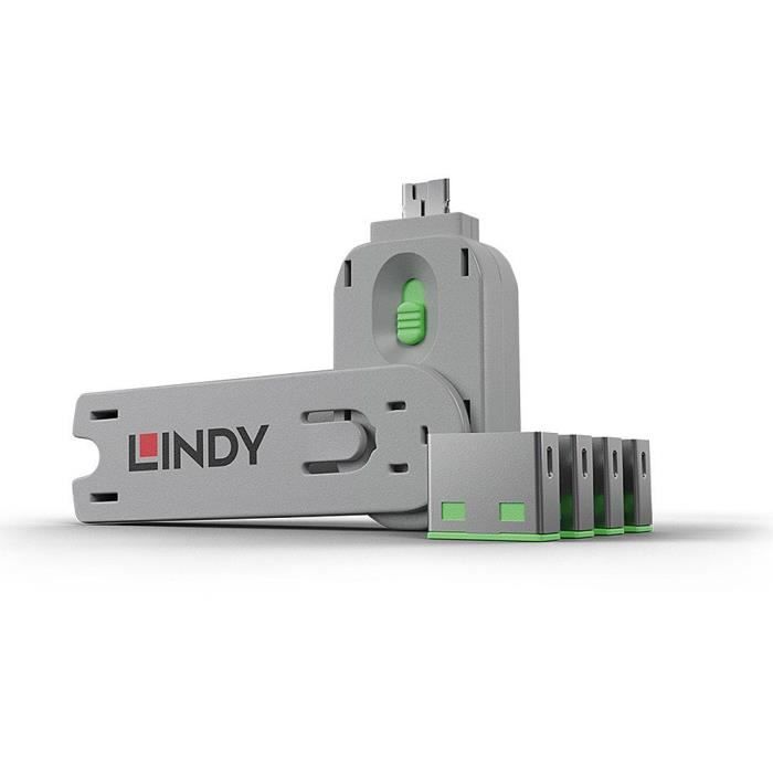 Clé USB LINDY - 4 bloqueurs de ports USB - Vert - Compatible Windows Mac Linux