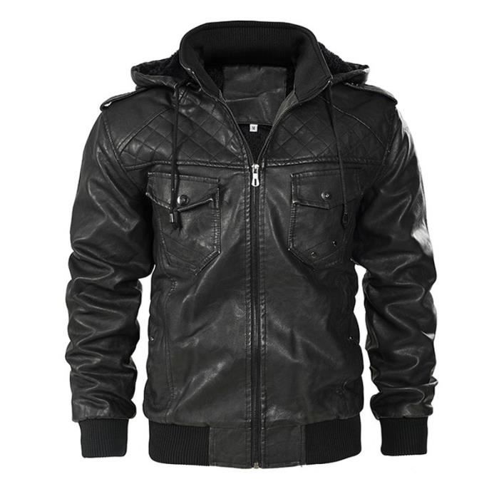 Veste en Cuir Homme à Capuche Multi-poches Casual Épaissir Chaud