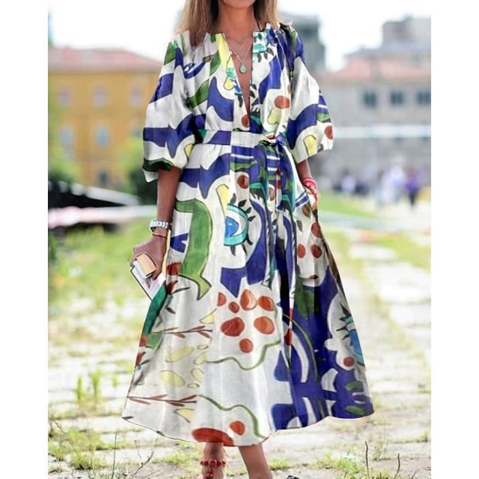 Robe Robe longue franges imprim Floral Vintage ray style