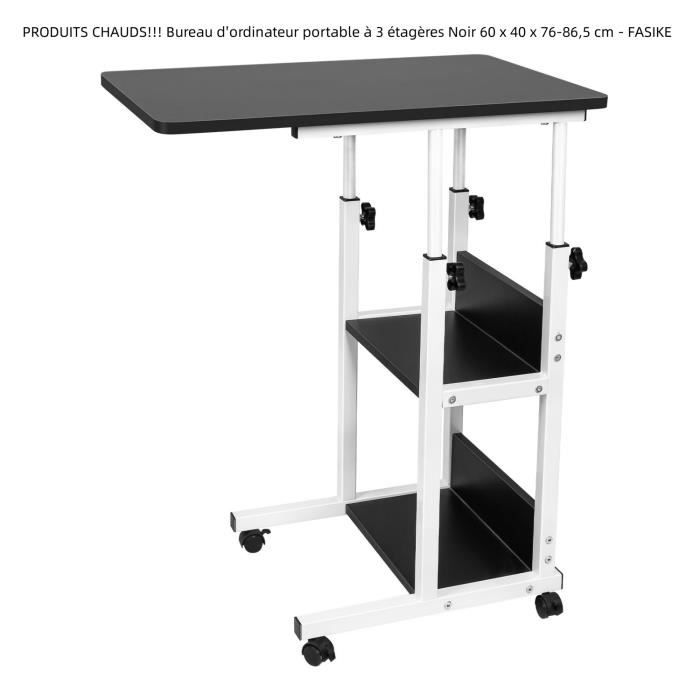 Bureau dordinateur portable à 3 étagères Noir 60 x 40 x 76-865 cm - QUIIENCLEE