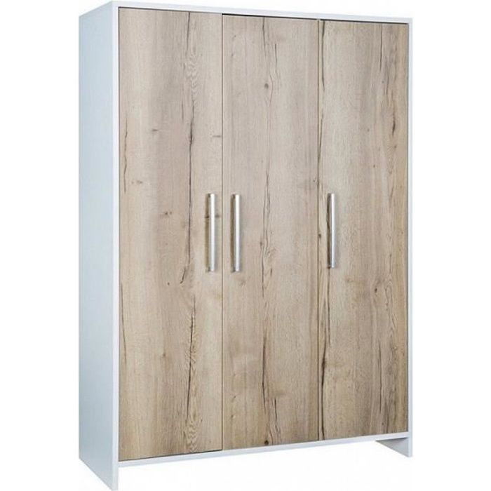 armoire bébé 3 portes bois blanc et chêne clair eco plus l 126 x h 181 x p 53 cm