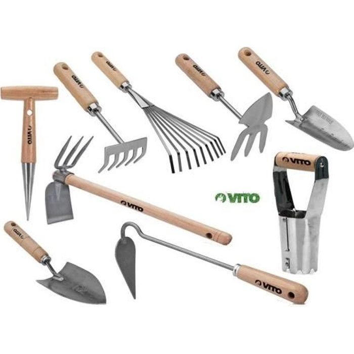 Kit 9 outils de jardin VITO - Manche bois - Inox et Fer forgés à la main - haute qualité