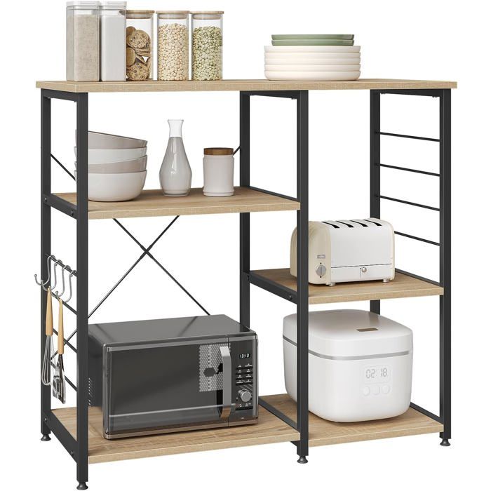 WOLTU Étagère de Cuisine Étagère de Micro-Ondes en métal et Bois avec 5 Tablettes 90 x 40 x 835 cm Noir + Chêne Clair
