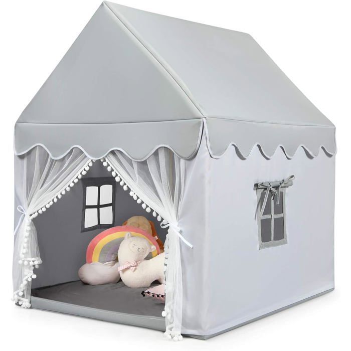 DREAMADE Tente de Jeu pour Enfant avec Tapis Épais,Cabane Garçons Filles Intérieur Extérieur avec Cadre en Bois&Moustiquaire&Fenêtre Maillée&, 105x120x140CM (Beige