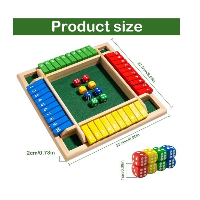 Jeu de société en bois 4-Way Shut The Box - Grand jeu intelligent pour