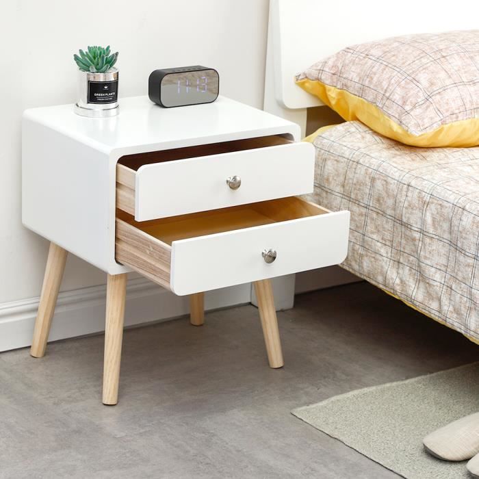 Table De Chevet Lot De 2 VINGLI - Blanche Avec 2 Tiroirs - 40x30x60 Cm - MDF - Pour Chambre à Coucher Ou Salon