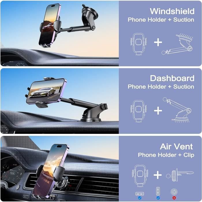 Support Voiture Universel Pour Téléphone / GPS - Fixation Ventouse Ou Grille D'aération - Neuf Noir